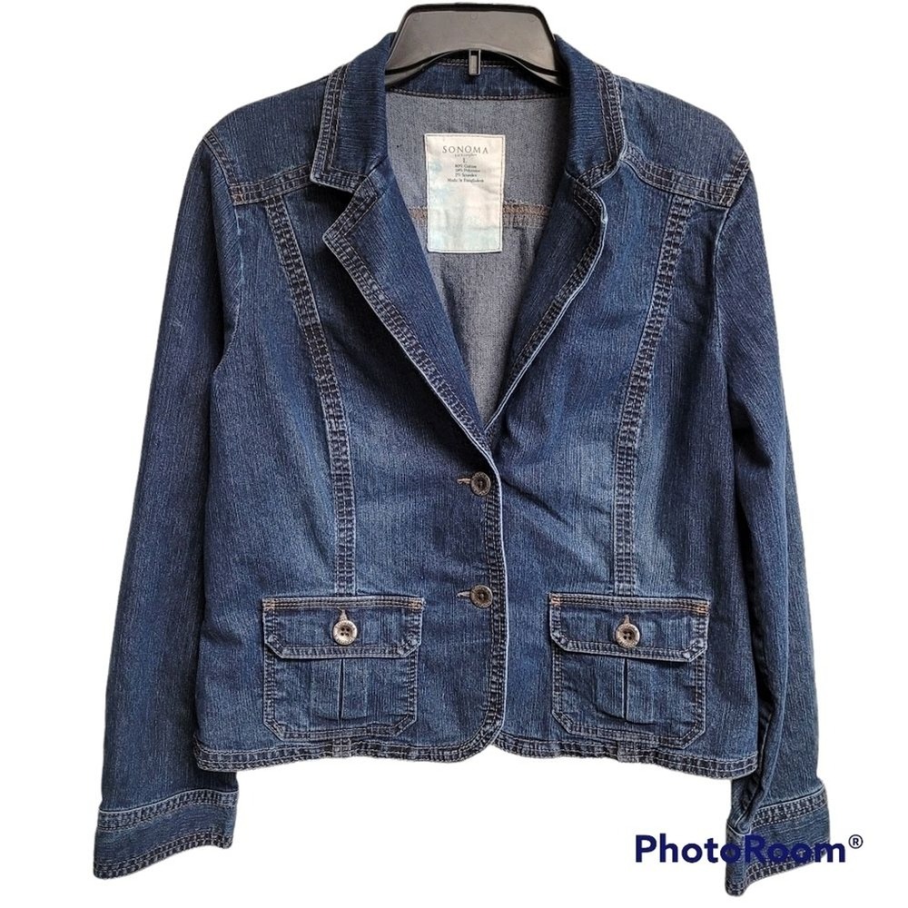 Sonoma 2 Button Collar Blue Jean Denim Jacket Front Flap Pockets Size Large